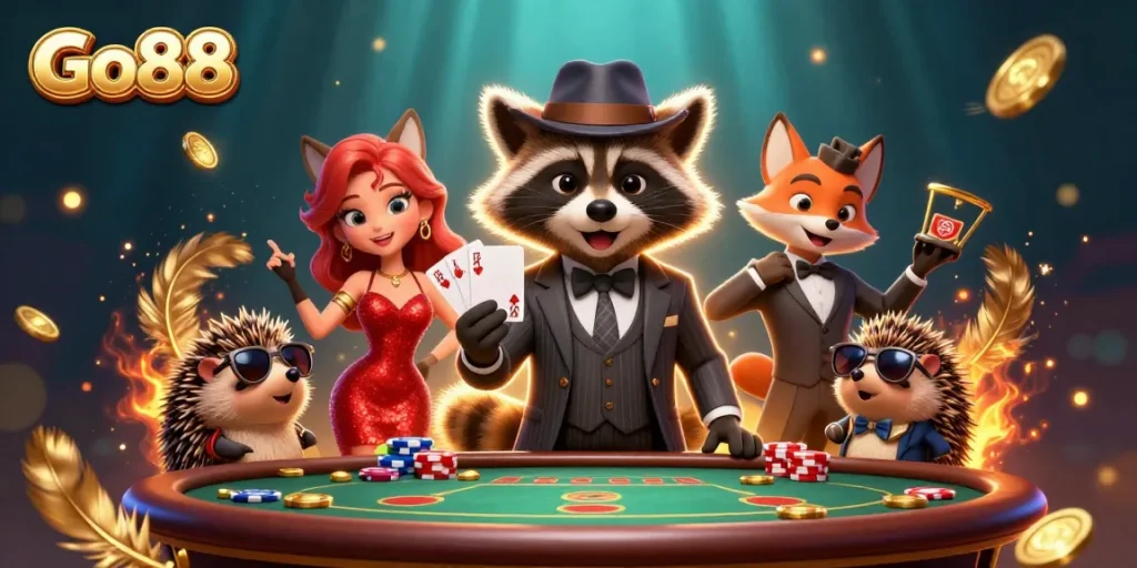 Experience the excitement of Go88 poker with a charming raccoon and fox in a glamorous casino scene.