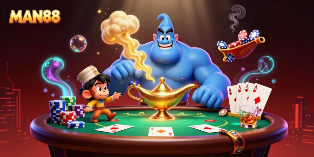 Engage with MAN88's vibrant casino experience featuring a genie, poker elements, and dynamic atmosphere.