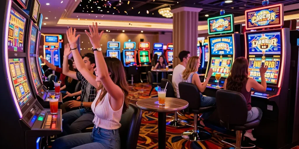 Friends celebrating a slot gacor win with drinks and confetti in a vibrant casino.