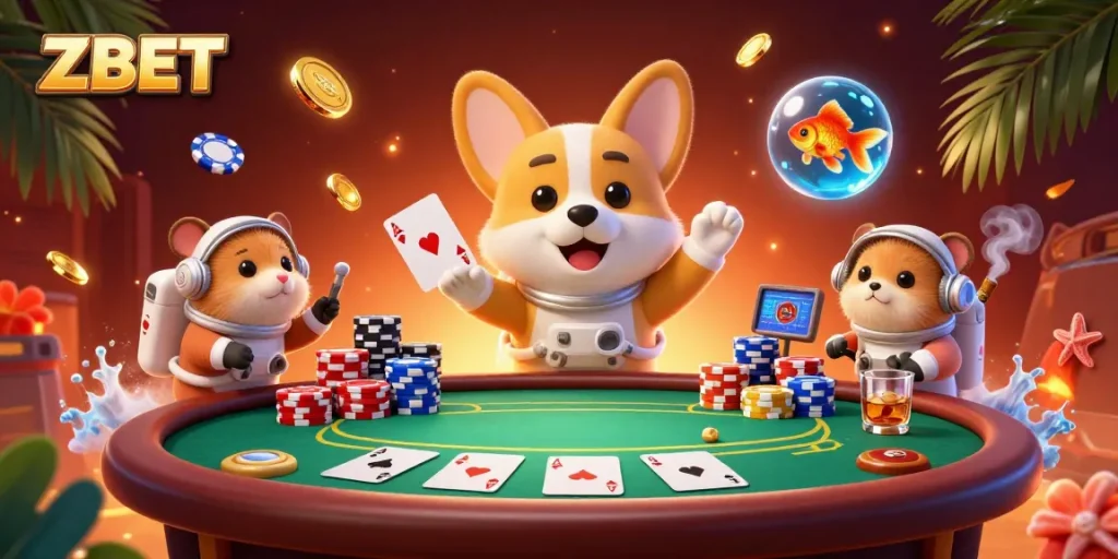 ZBET provides thrilling poker experiences, featuring a cartoon corgi and vibrant casino elements.