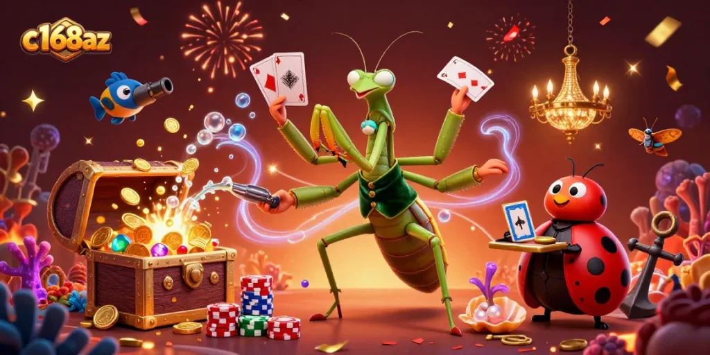 C168az card sharp dealing cards and pouring champagne in a vibrant casino scene of riches.