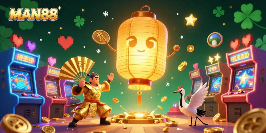 Engage with MAN88’s vibrant night market casino scene featuring golden lanterns and arcade games.