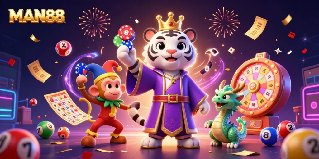 Engage with MAN88's vibrant landscape featuring a royal white tiger, a playful monkey, and a jade dragon amidst dynamic lottery and casino elements.