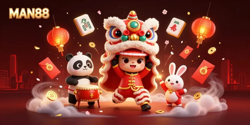 Engage with MAN88 for thrilling online gaming, featuring vibrant lion dance and exciting casino elements.