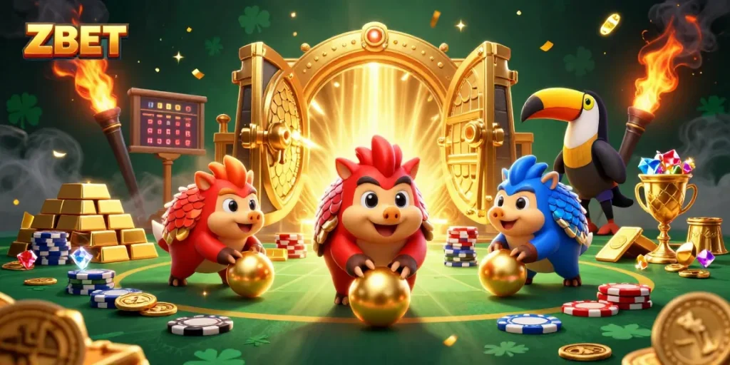 ZBET transforms gaming with rival pangolins bowling golden balls amidst festive poker chips.