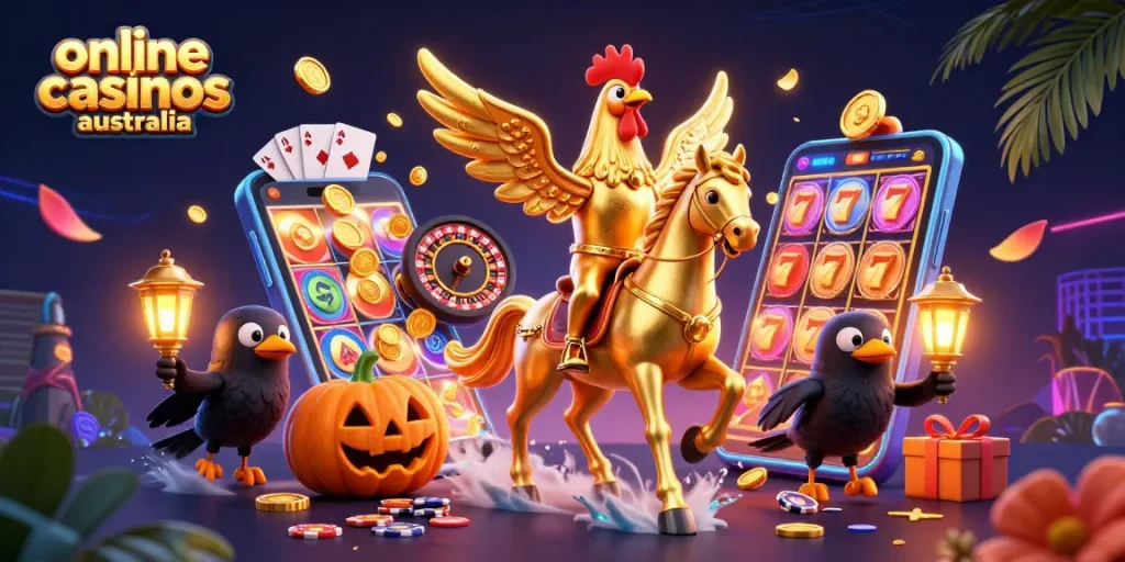 Experience the thrill of online casinos Australia with a golden rooster and rich casino elements.