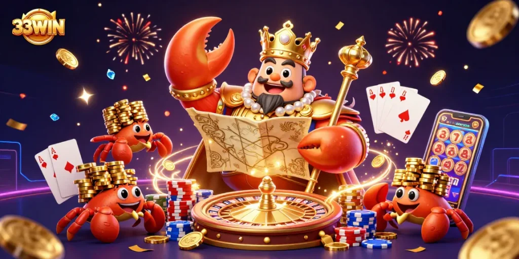Engage in electrifying games at 33WIN, with stunning visuals of golden crab emperor holding treasures and casino elements.