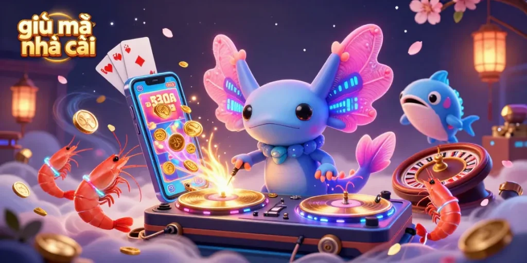 Engaging scene illustrating giải mã nhà cái with a vibrant axolotl DJ amidst colorful slot games and casino elements.
